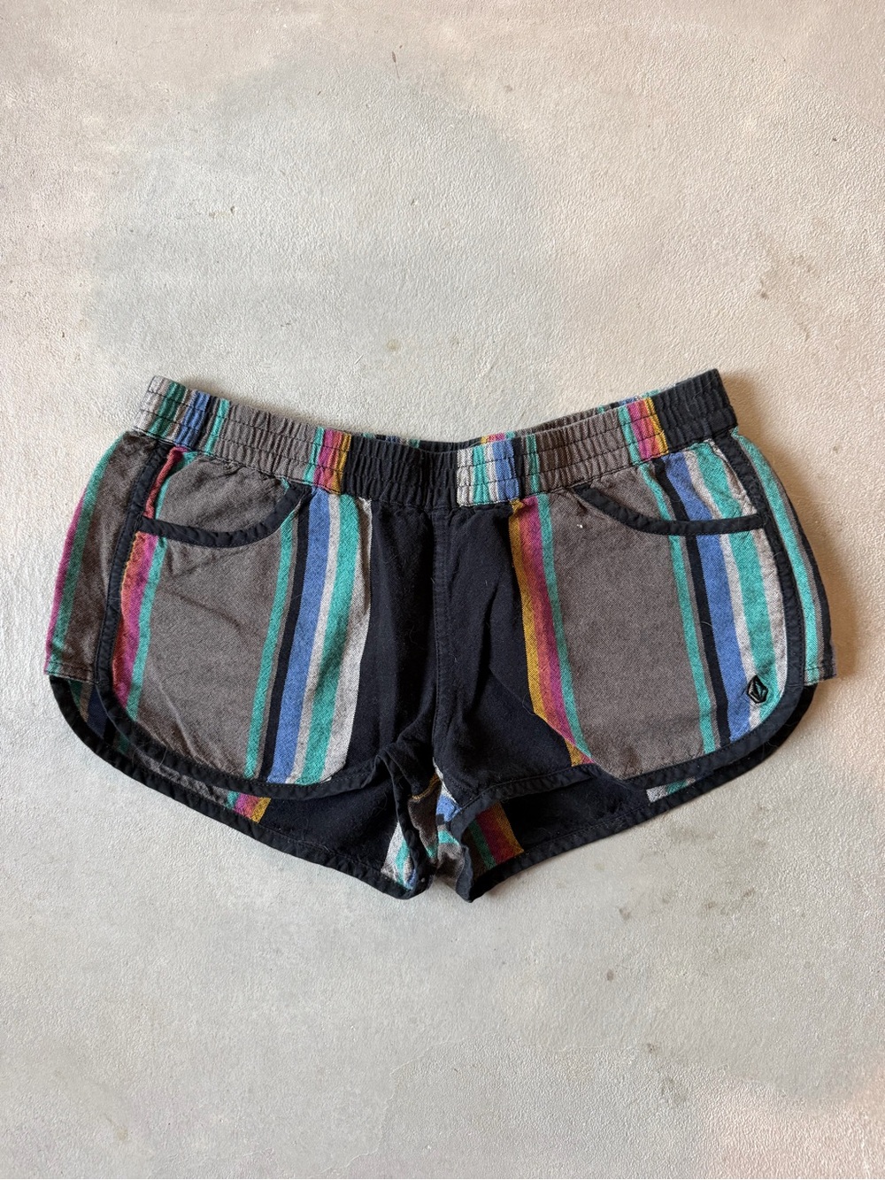 Volcom Black Mini Shorts 100% Cotton with Multicolor Vertical Stripes